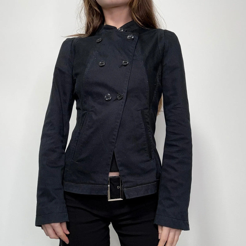 navy pinstripe fitted asymmetric jacket