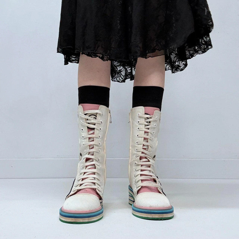 chunky patched cream lace-up margelia boots
