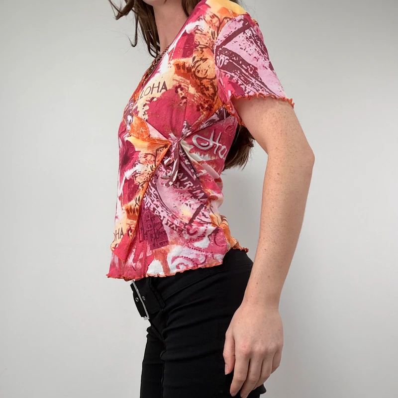 pink hawaiian floral graphic printed mesh top