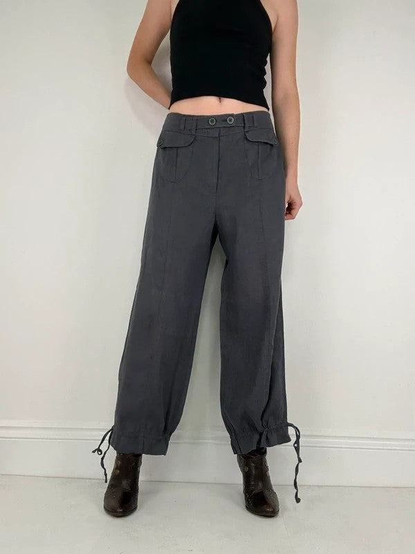 Navy linen puff leg drawstring bloomer trousers