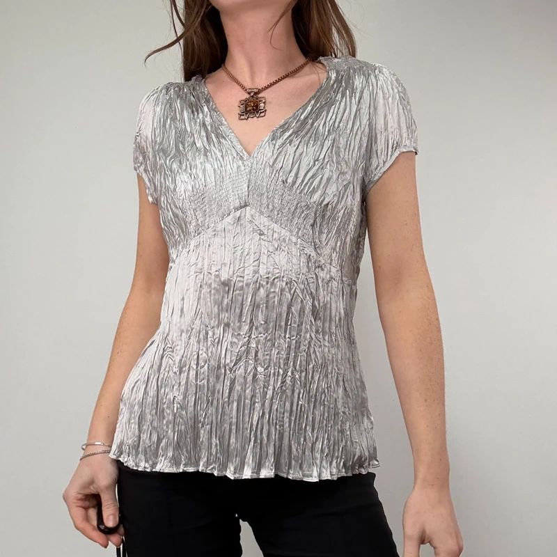 silver crinkle pleated blouse vest