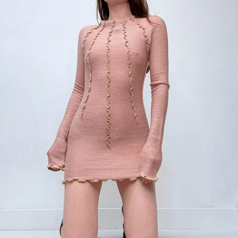 pink knitted long sleeve mini dress