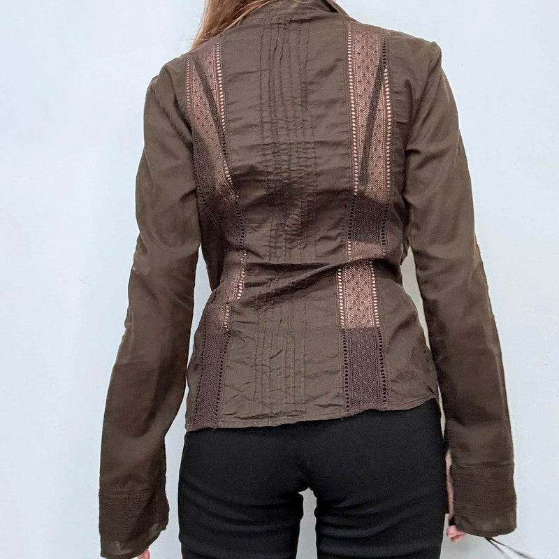 brown lace flared sheer shirt