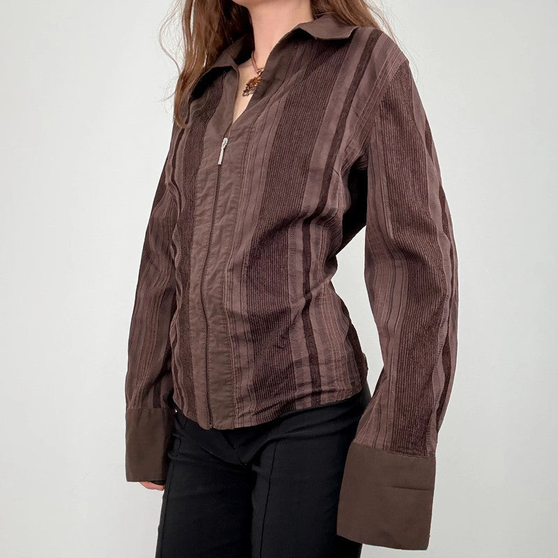 brown pinstripe zip shirt