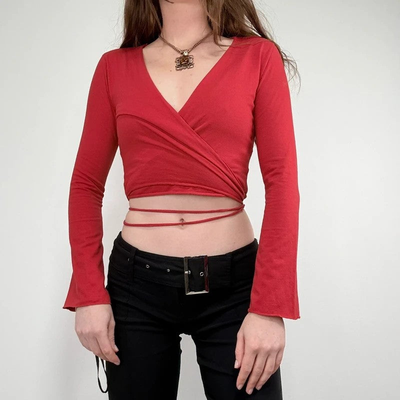 red jersey cropped ballerina wrap cardigan