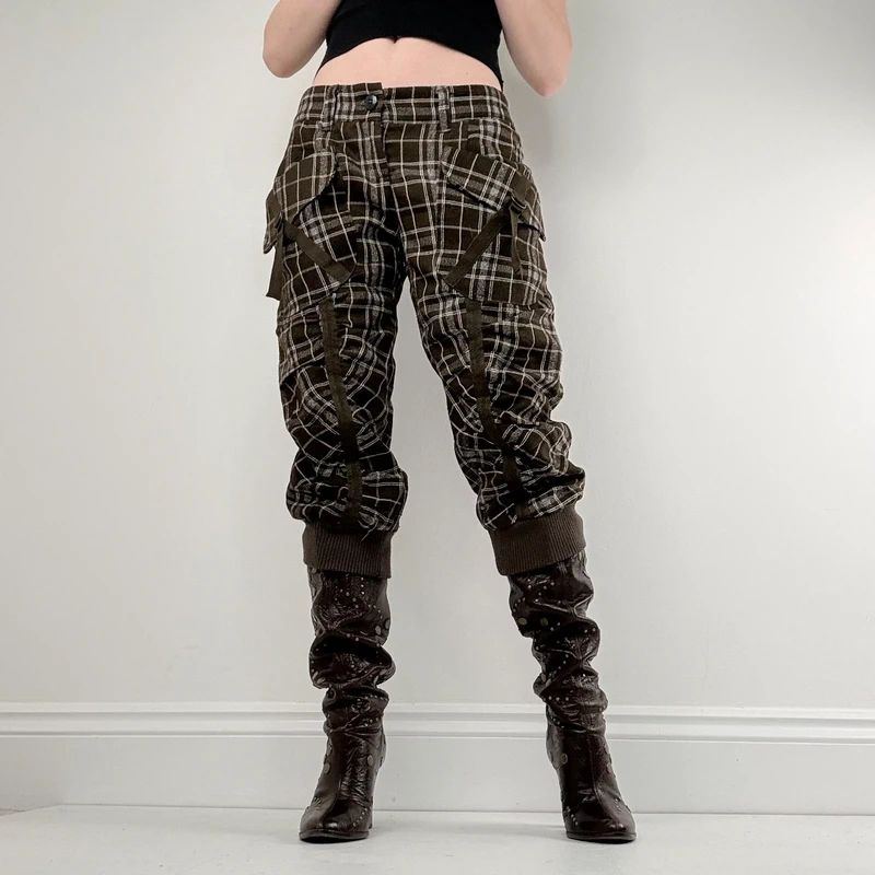 khaki tartan puff cinched capri trousers