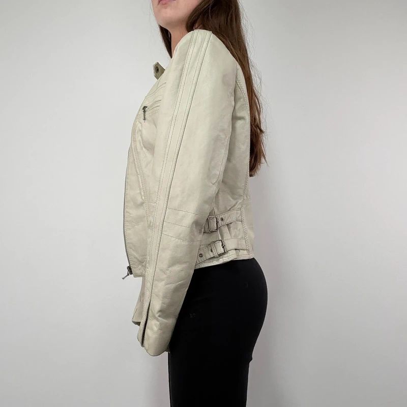 Cream Cropped Leather Biker Jacket