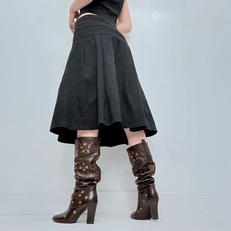 black pleated drop waist midi skirt