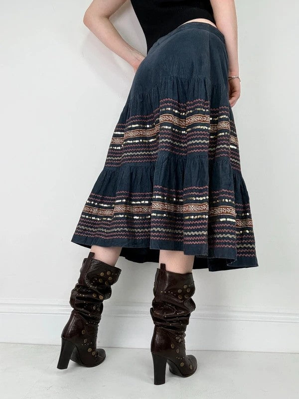 boho cord flared embroidered tiered sequin midi skirt