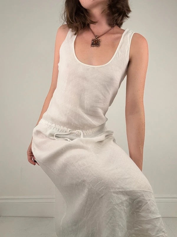 white linen bias cut drop waist maxi dress