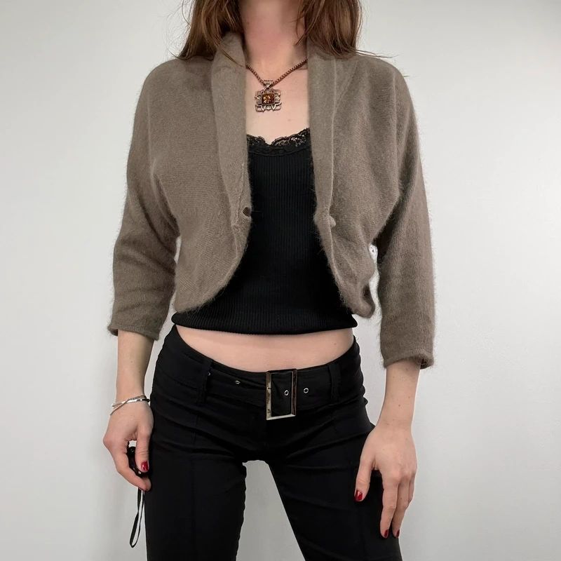 brown angora knit cropped slouchy cardigan