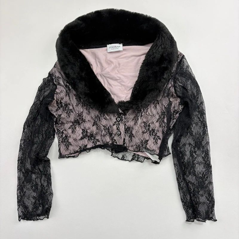 Lace Cropped Cardigan with Faux Fur Collar