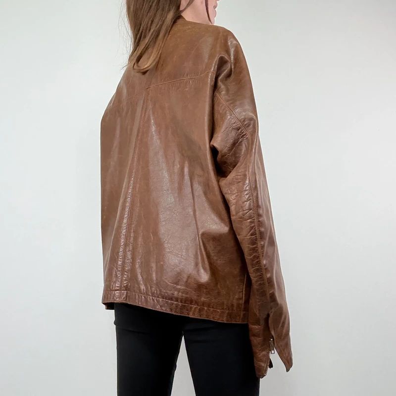 Brown Oversized Leather Bomber Jacket