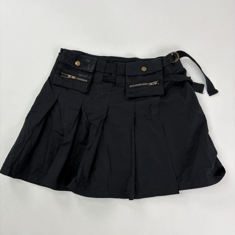 black pleated flared utility mini skirt