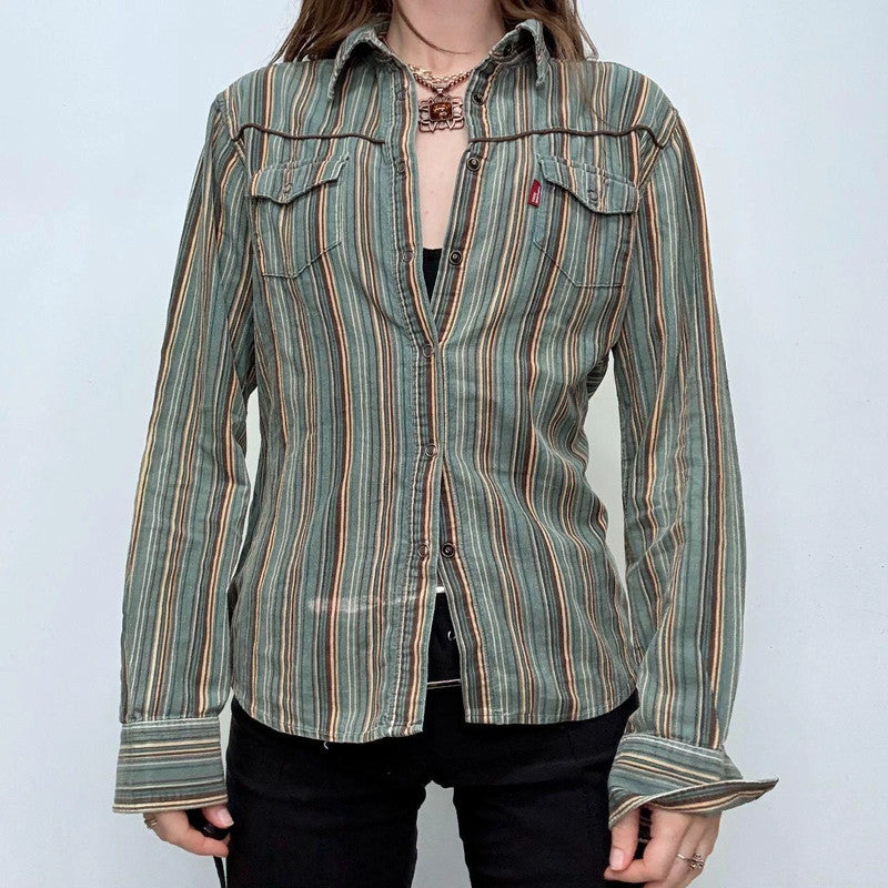 pinstripe khaki flared shirt