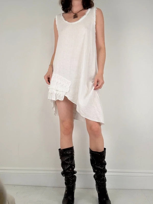 white linen lace asymmetric boho dress