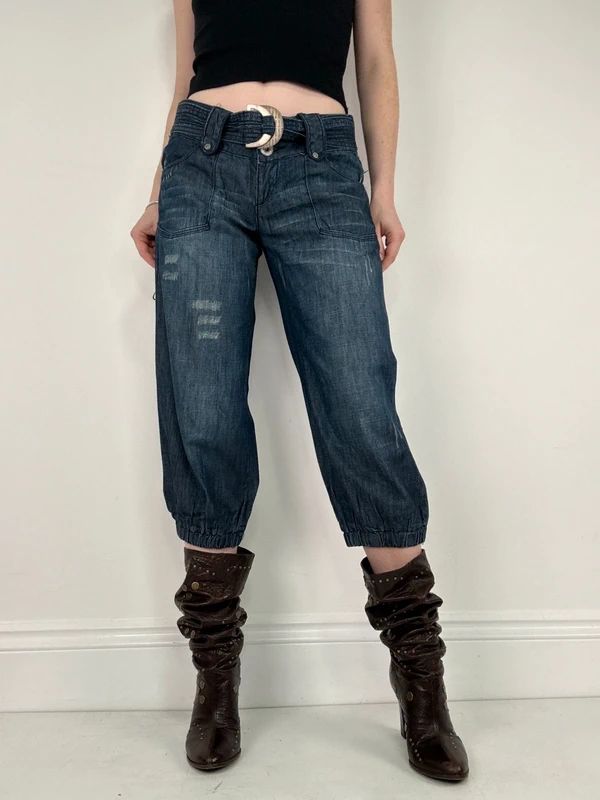 cropped denim puff capri pants