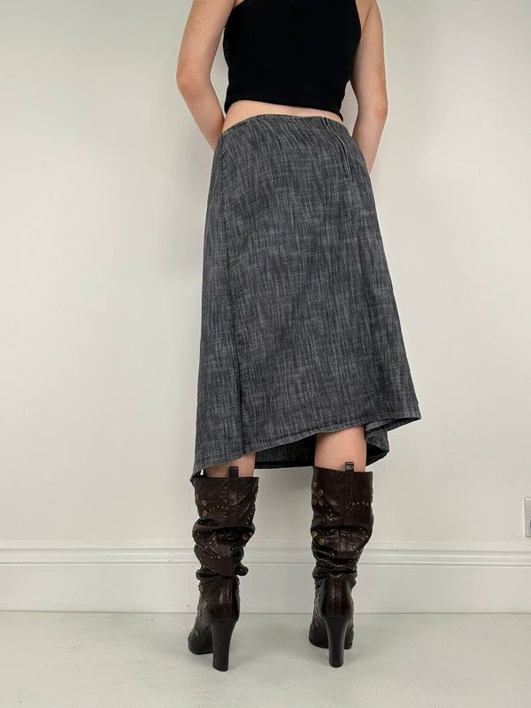 Pleated buckle front denim grunge midi skirt