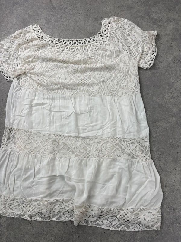 white lace layered wide neck boho dress