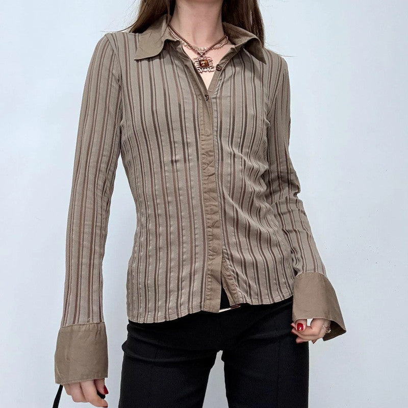 brown pinstripe flared shirt