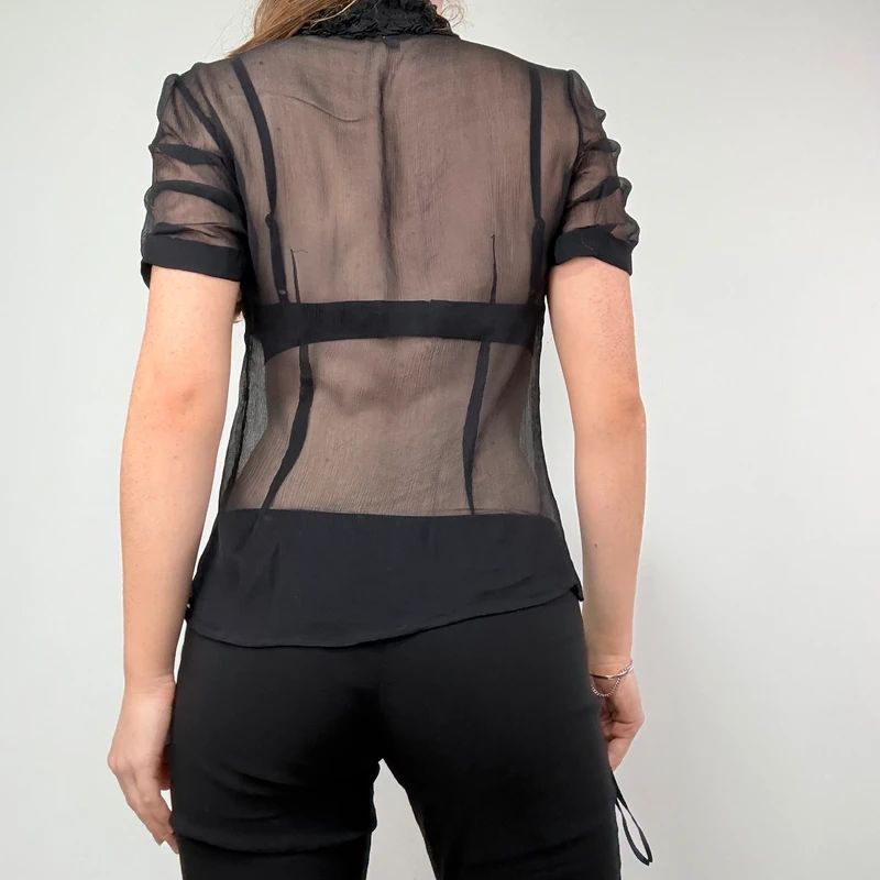 black sheer silk ruffle shirt with short sleeves