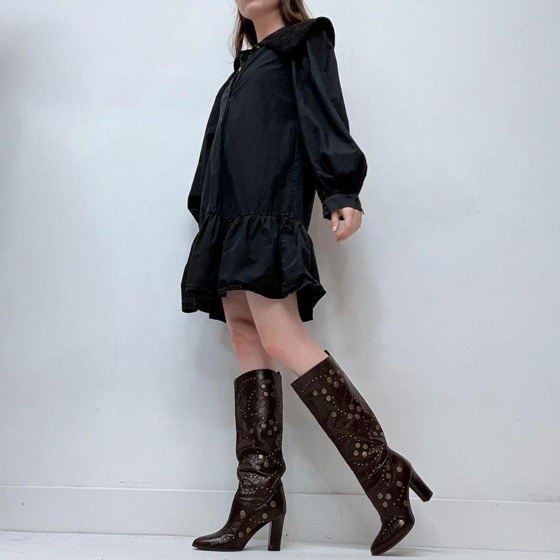 black puff embroidered shirt dress