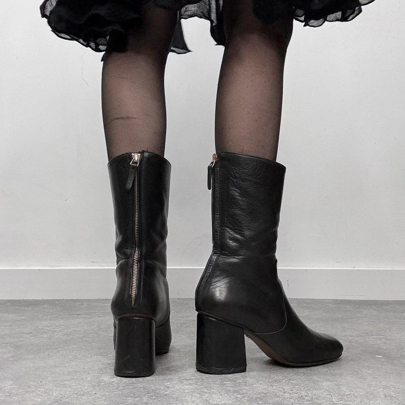 black leather square heel boots