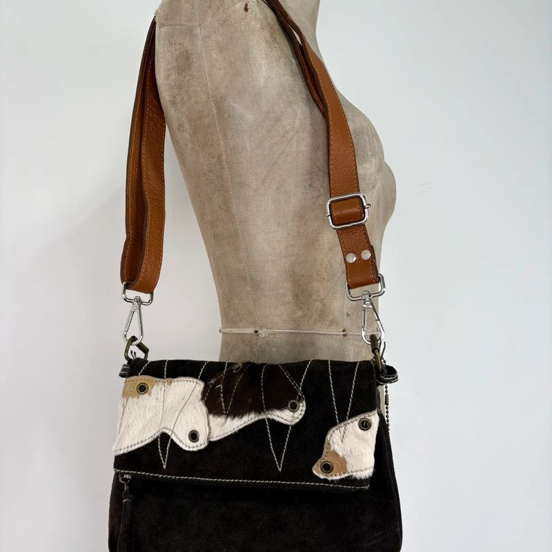 brown suede cowhide leather patchwork bag