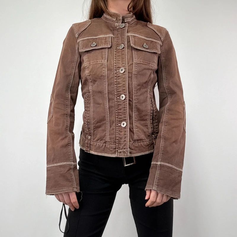 distressed brown cargo denim jacket