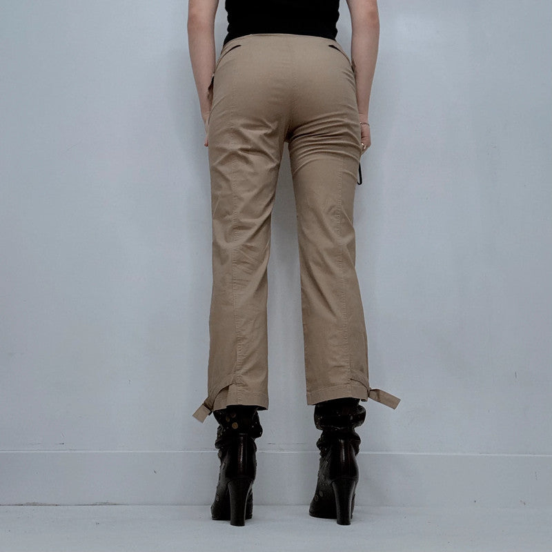 tan flared buckle utility pants