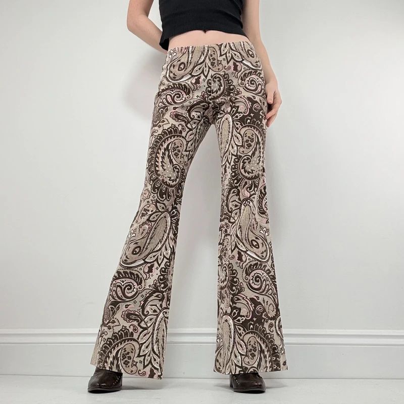 brown paisley flared trousers