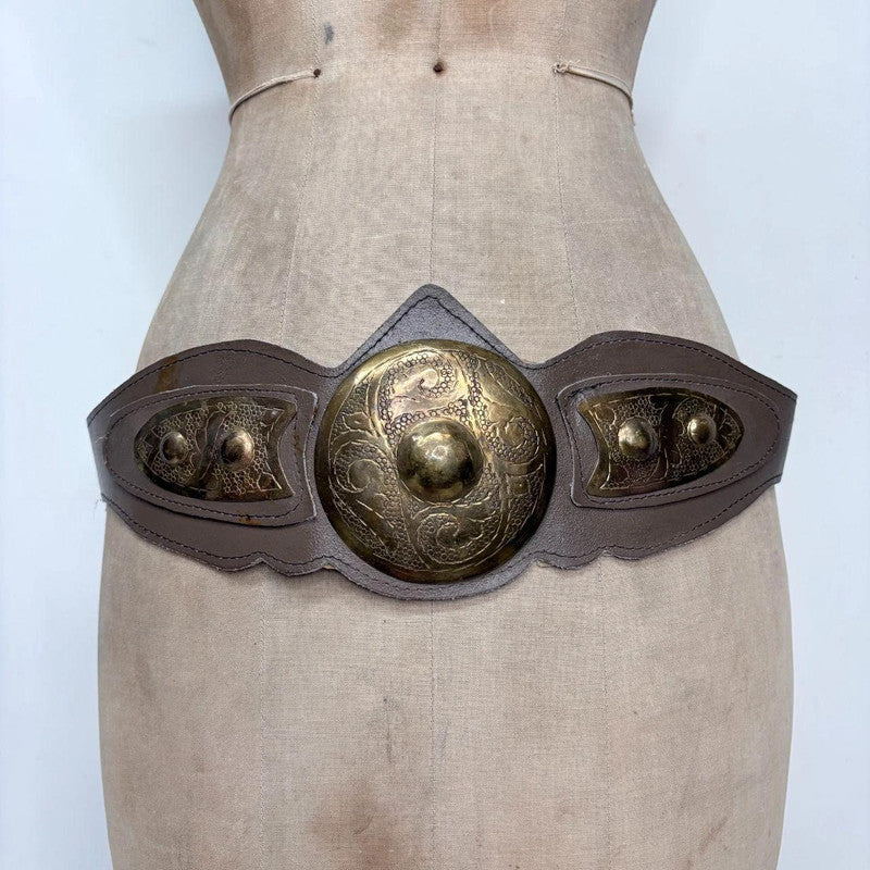 brown western leather studded metal belt