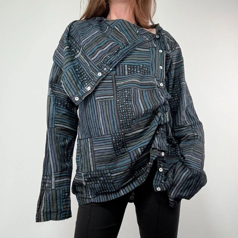 Asymmetric fold over draped checked pinstripe Shirt