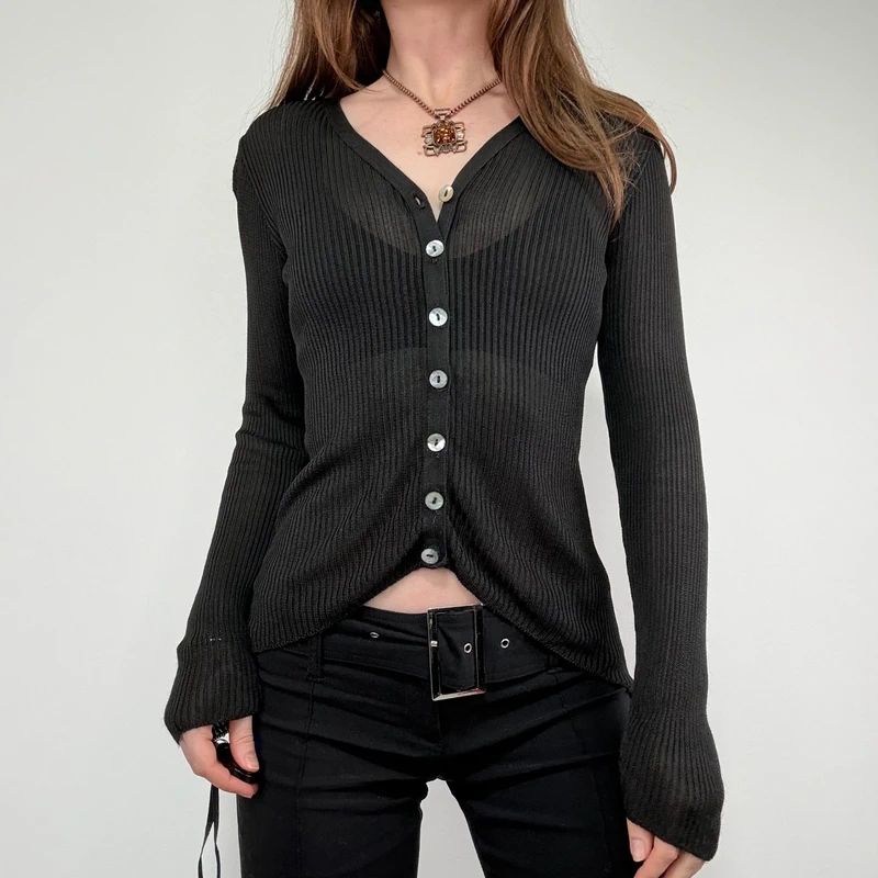 black semi sheer ribbed knit cardigan