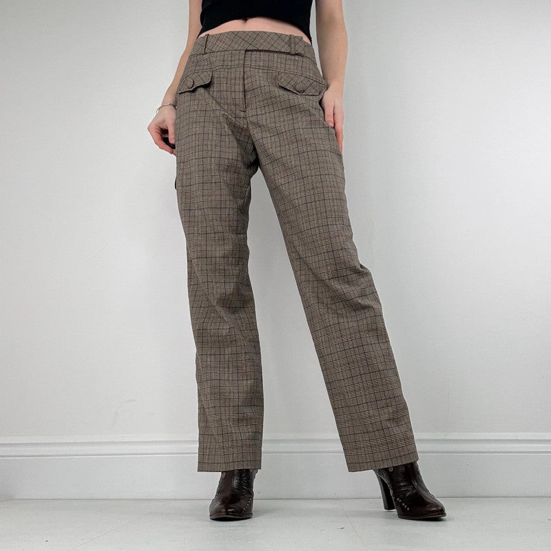 brown tartan checked wide leg suit pants