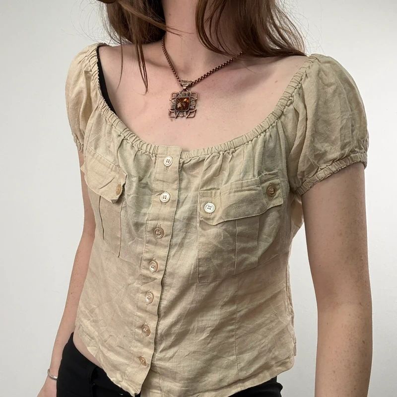 tan linen pleated button through slouchy blouse