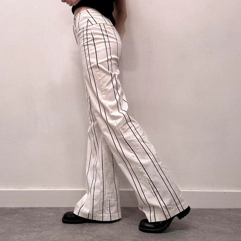 white pinstripe flared suit pants
