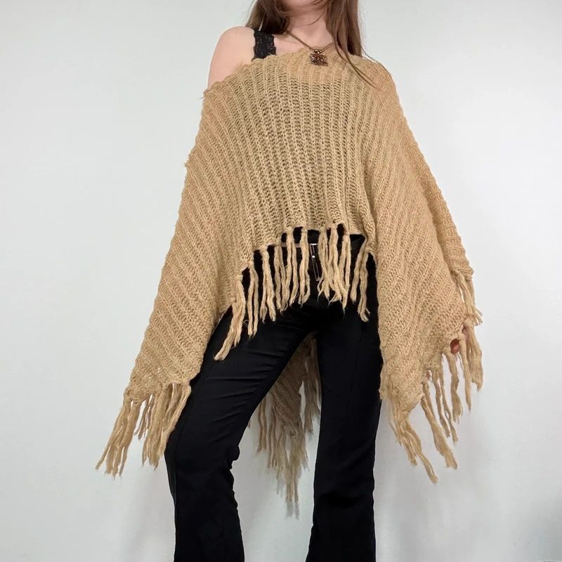 tan sheer knit crochet poncho