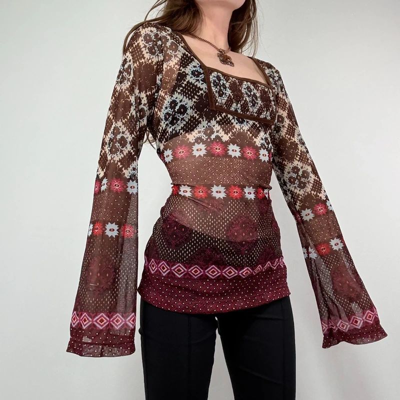 graphic printed boho western flared mesh shirt