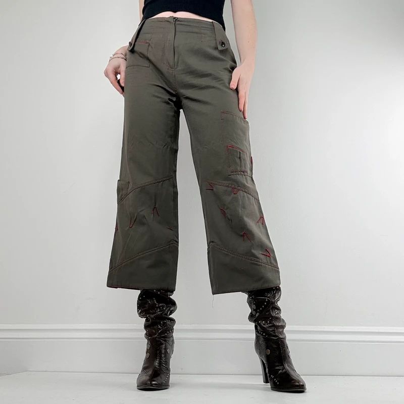 khaki cropped embroidered wide-leg trousers