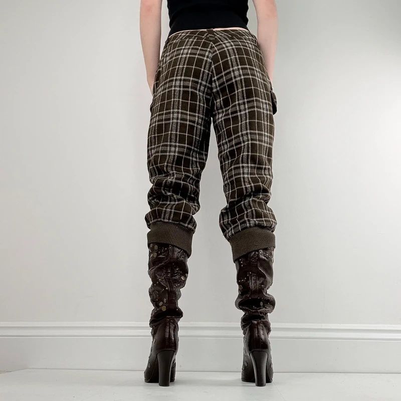 khaki tartan puff cinched capri trousers