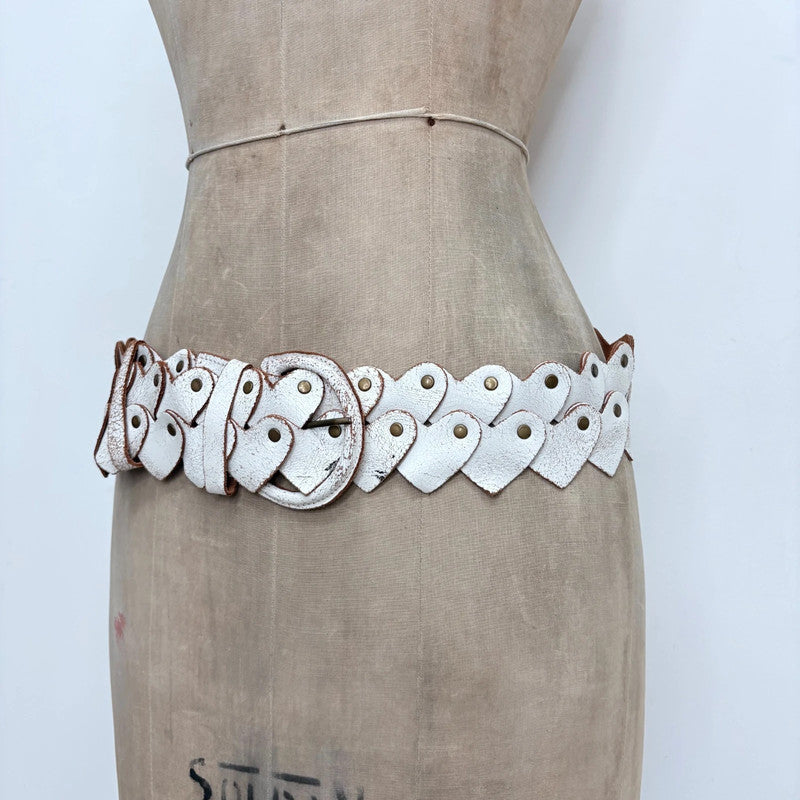 Distressed white leather heart link belt