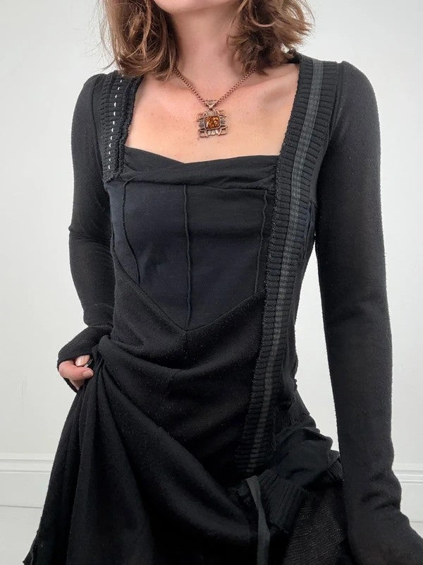 Black long sleeve french midi dress