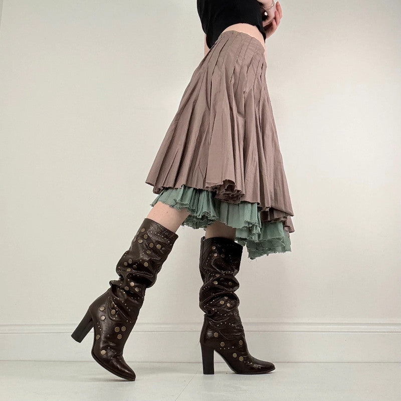 pleated flared cotton midi skirt