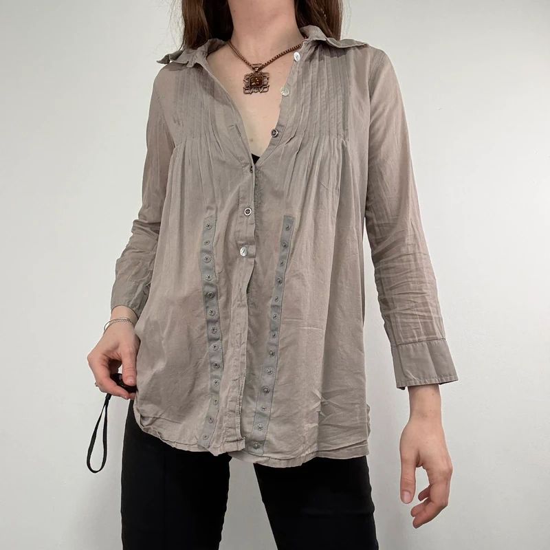 brown pleated flared patchwork button shirt