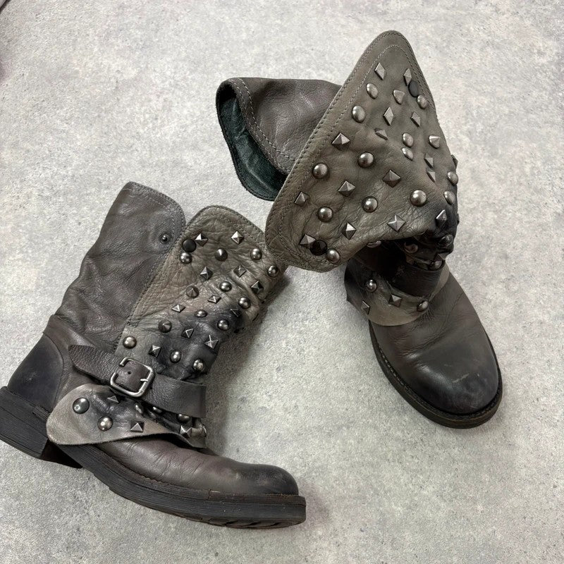 Grey studded slouchy leather boots