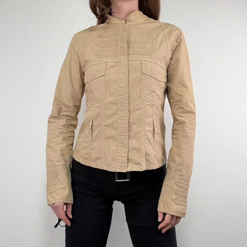 tan fitted panelled military jacket