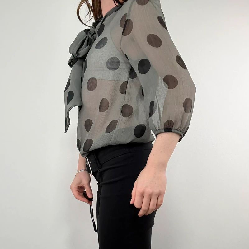 grey polkadot bow blouse