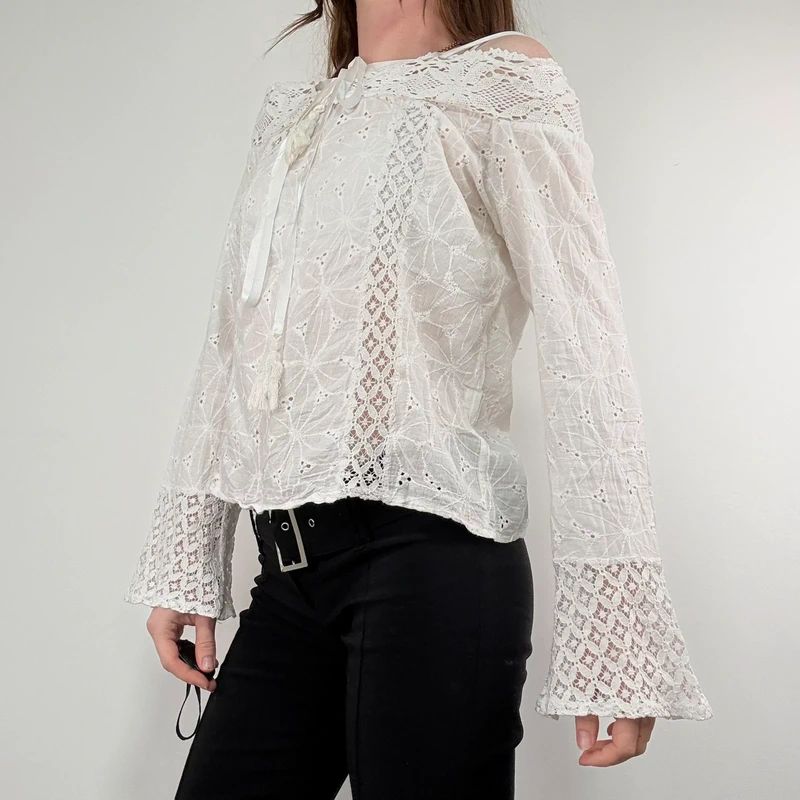 white lace embroidered off the shoulder lace blouse