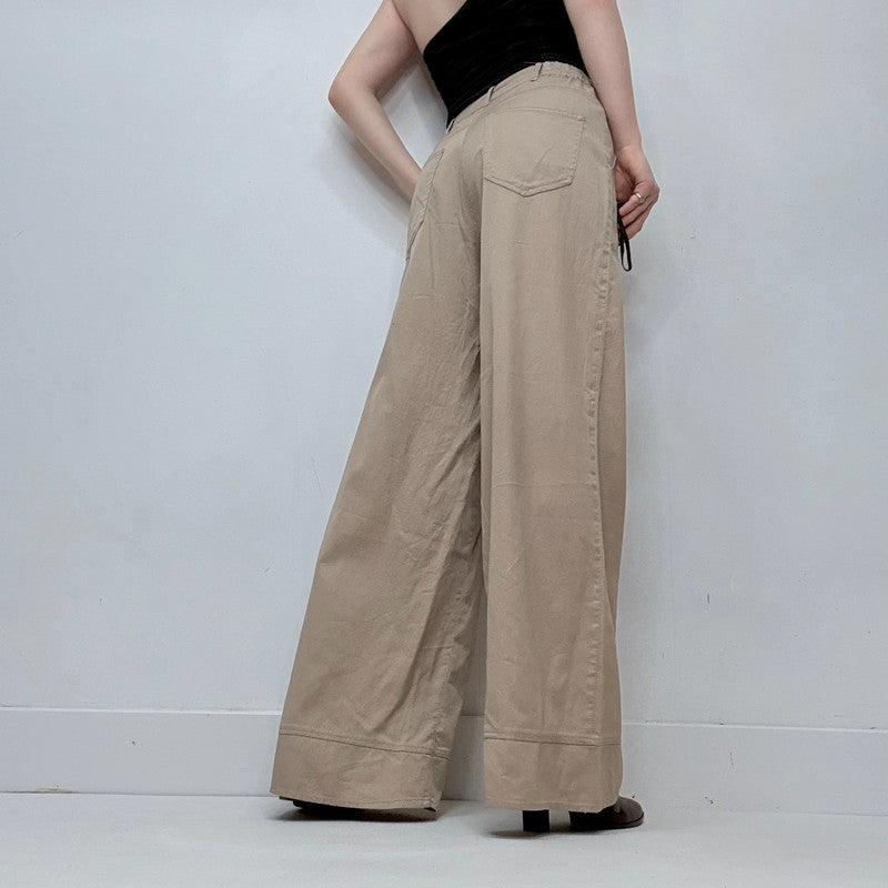 tan khaki wide leg flared trousers